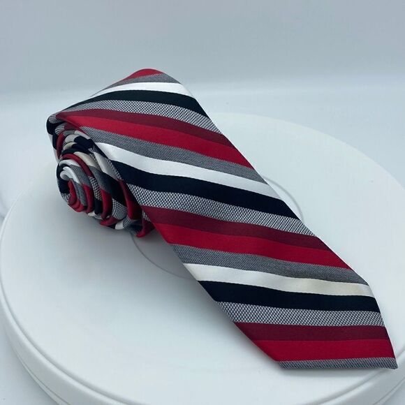 Vintage J. Ferrar Mens Red Black Diagonal Stripe Tie - Picture 6 of 6